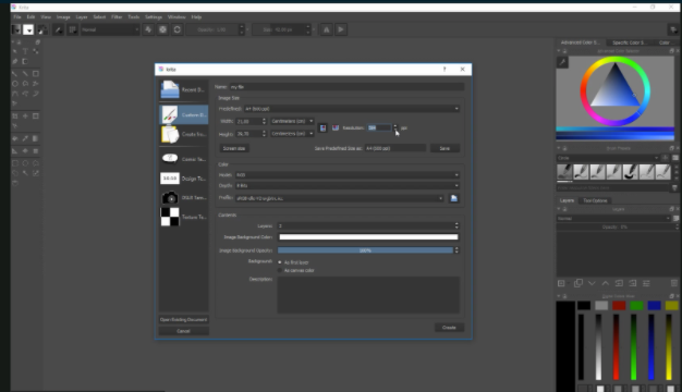 An overview of creating a new file in Krita.