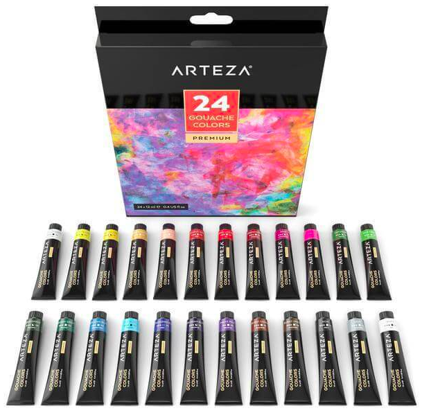 Arteza gouache paints are available in sets ranging from 12 to 60 colors, which typically include earth tones, primary colors, and even metallic shades.