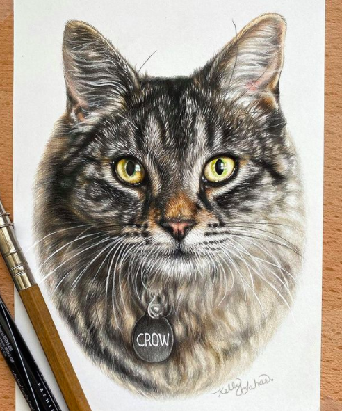 Image via  Instagram   Kelly Lahar creates a realistic cat portrait with pencil and watercolor paints. 
