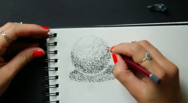 When stippling, positioning more dots closer together can create the appearance of a shadow. 