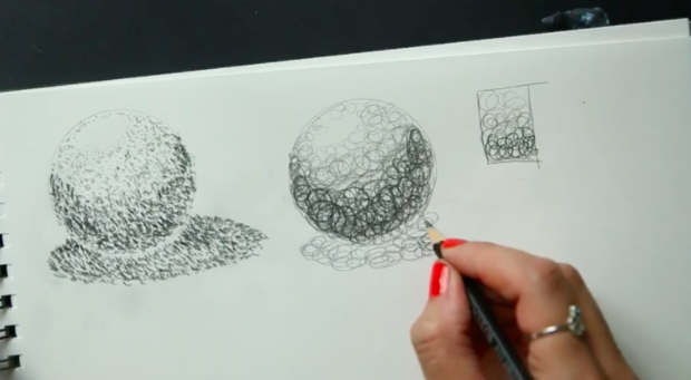 The pencil drawing technique demonstrated here is referred to as scribbling, or circulism—a series of random marks to generate dark or shadowed areas or a drawing.