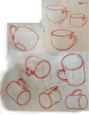 Babi W., estudante da Skillshare, pratica o desenho volumétrico com uma xícara de café simples.
