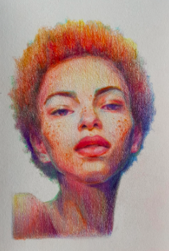 A estudante da Skillshare Еlena R. mostrou sua criatividade nesse retrato colorido a lápis.