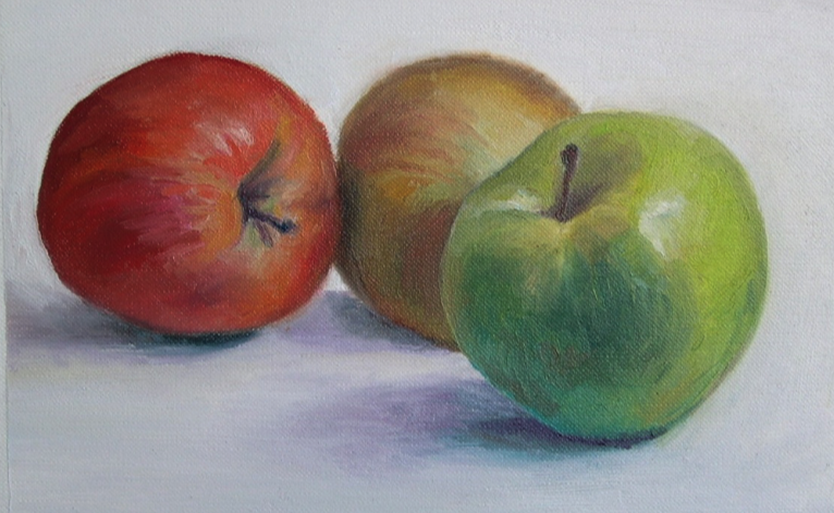 Três maçãs feitas pela estudante Y K., da Skillshare. 