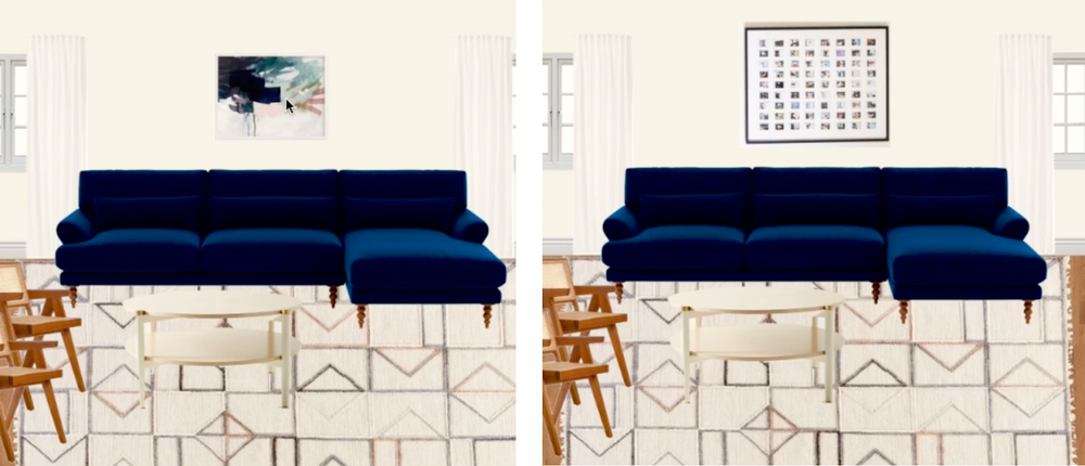 Designer Arlyn Hernandez compares different art options on her living room mood board.