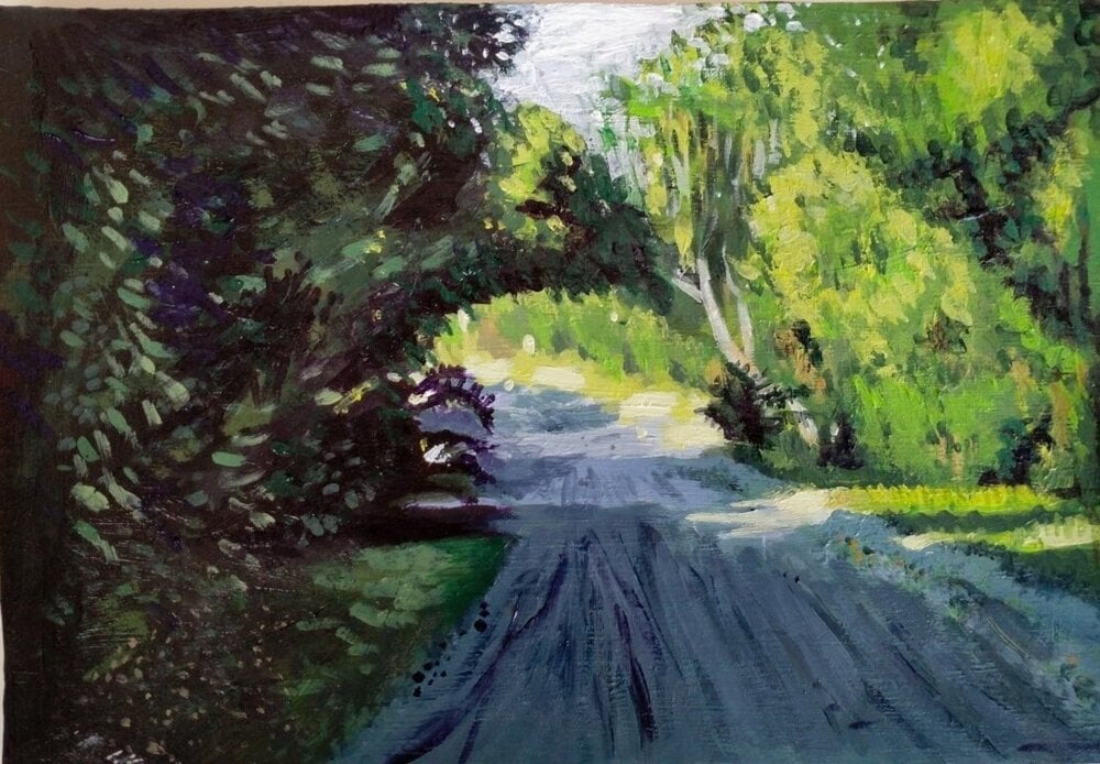 Kursteilnehmer Robin-Neil Williams malte diesen ruhig daliegenden Weg in einer üppigen Landschaft.