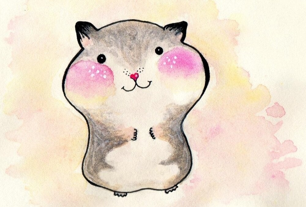 Cute drawing of an adorable grayish-brown hamster with rosy cheeks, a cute little smile, and a little pink heart for a nose. The image has a pretty watercolor-like background in pale yellow, pink and orange.