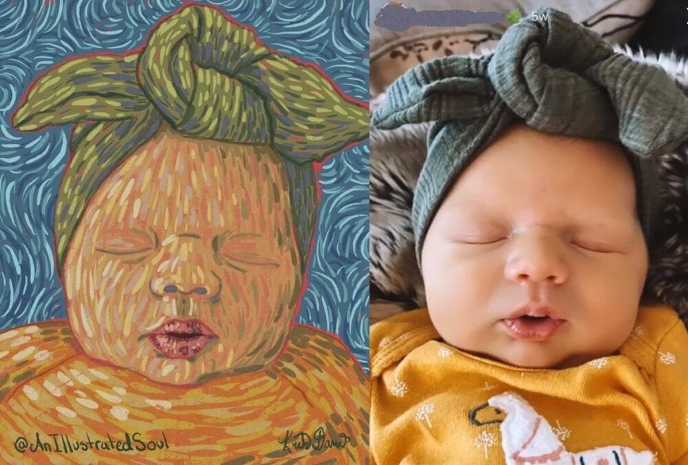 Retrato de um bebê, feito no estilo de Van Gogh.