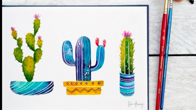 Paint simple watercolor cacti in three color themes with Aima.