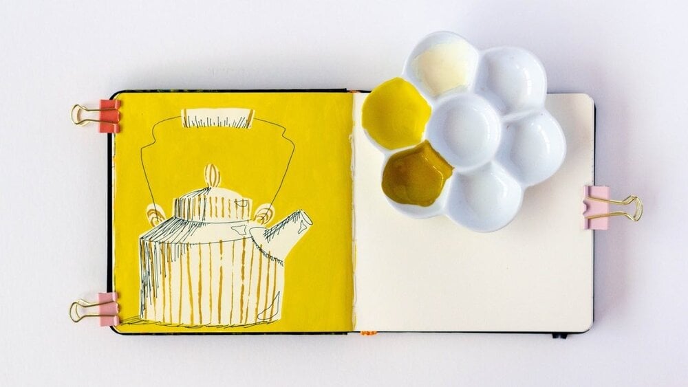 Obra do Top Teacher Dylan Mierzwinski para a aula da Top Teacher Alanna Cartier, Pintando xícaras de chá em guache: explorando forma, cor e padrão.