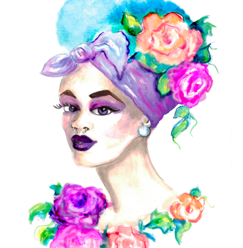 This fun floral-enhanced illustration is a great example of fashion facial artwork.