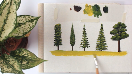 Cinq peintures d'arbres très différents, mais tout aussi beaux.