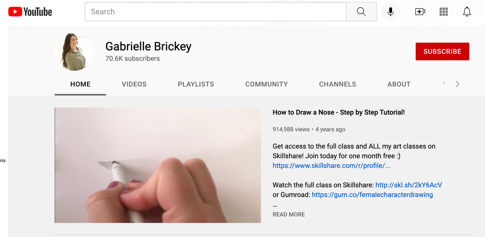 Screengrab of Top Teacher Gabrielle Brickey’s YouTube page, with a video pinned to the top featuring her Skillshare referral link. Image source: YouTube