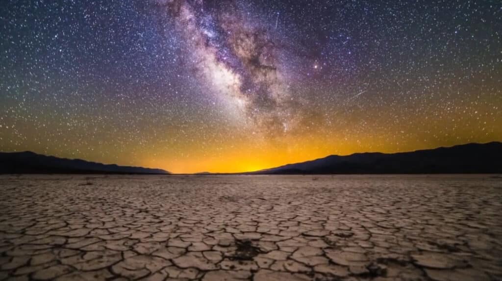 Cracked desert ground underneath a purple and orange starry sky. The sun sets over the horizon, and mountains are silhouetted far away in the background.