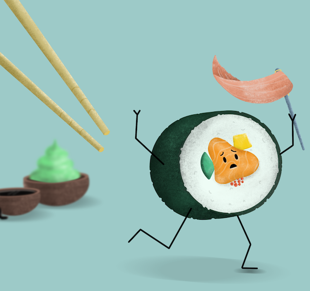Cute sushi character running away from descending chopsticks, on a light teal background.