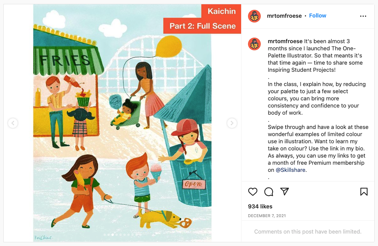 Instagram-Post mit einem Kursprojekt, das Kinder in einem Vergnügungspark zeigt. Eines geht mit einem kleinen Hund spazieren, eines isst ein Eis, eines kauft eine Portion Pommes an einem Imbissstand. Eine Frau im Hintergrund schiebt ein Baby in einem Kinderwagen, an dem ein großer gelber Luftballon befestigt ist. Ganz im Hintergrund ist eine Achterbahn zu sehen.