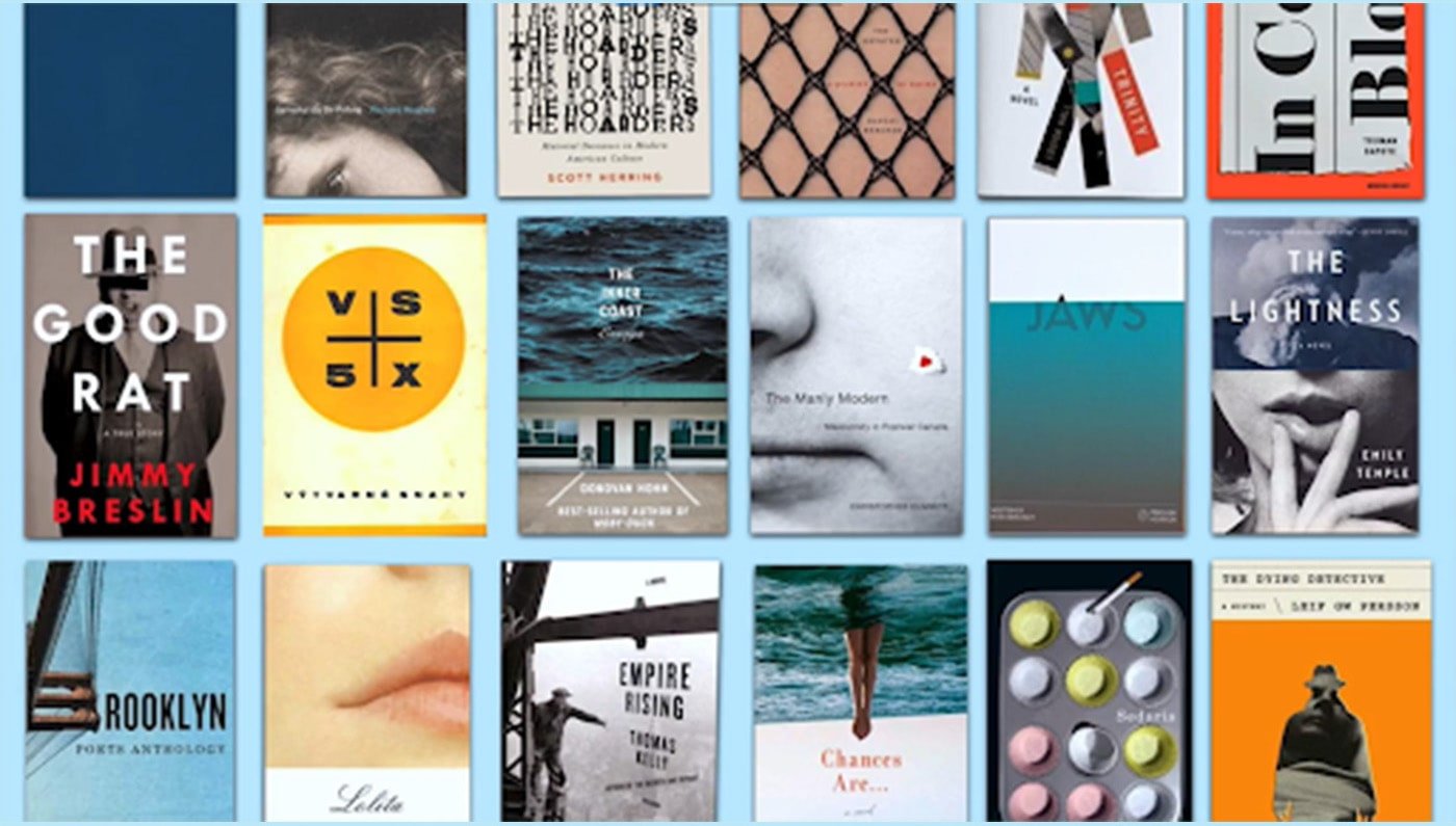 A bunch of book covers on a blue background.