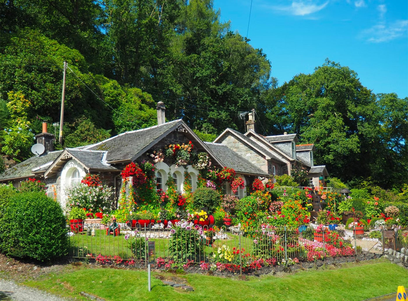 Cottage looking bug house with large garden full of flowers.
