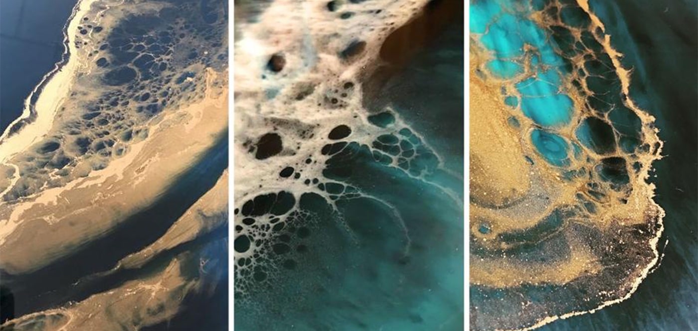Three different resin paint artworks made with teal and gold.