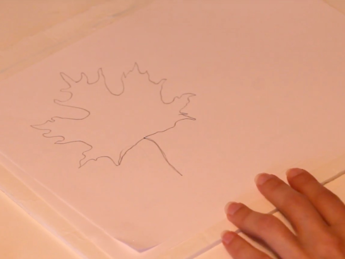 A pencil-drawn outline of a leaf on a sheet of white paper. A hand is partially visible in the lower right corner of the photo. 