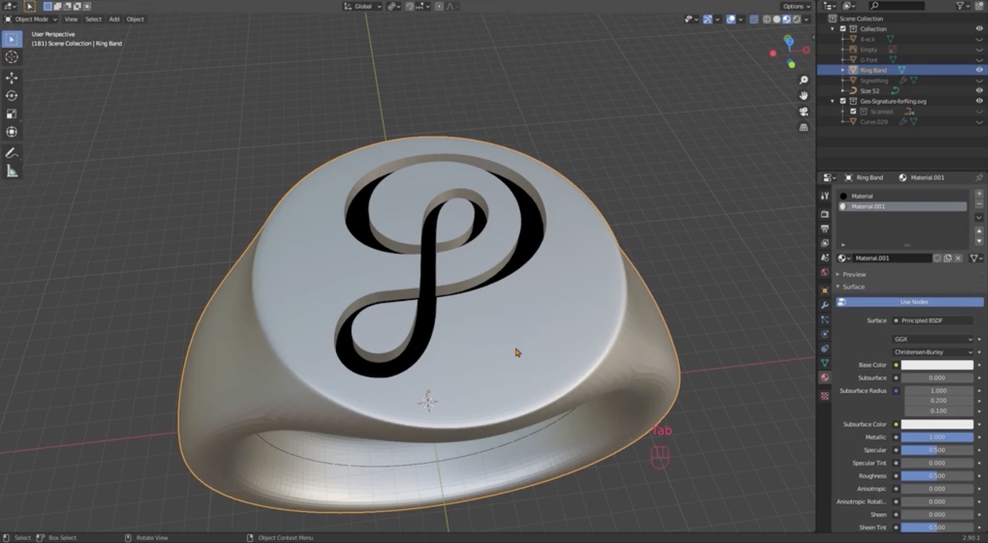Within the 3D design software, Blender, sits a gray ring with a large cursive letter “P” stamped into it.