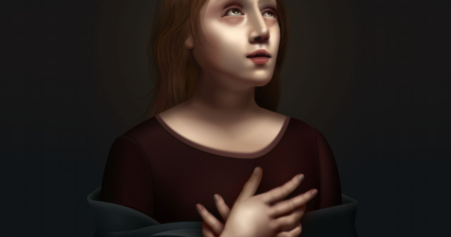 An image reminiscent of an Italian Renaissance portrait, showing a young girl gazing upward toward a source of light with her hands clutched to her chest.