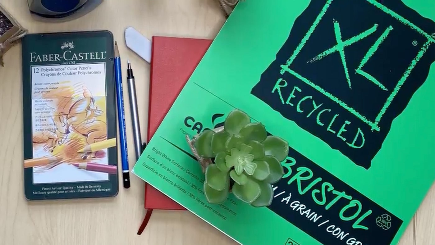 Colored pencil case, a pencil, red notebook, green sketchbook, and a small succulent sitting on a table.