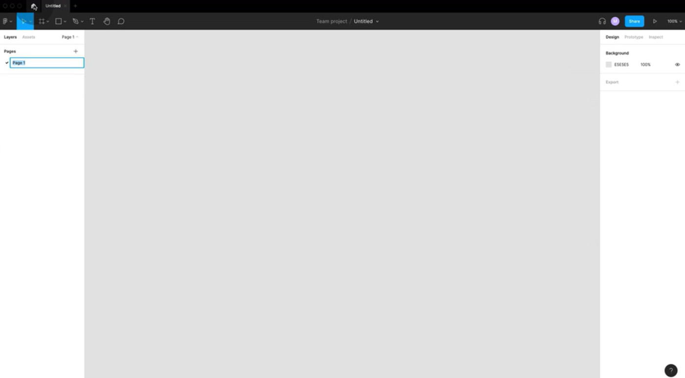 A blank design page on Figma, with the user’s cursor hovering over the “home” icon in the top navigation bar. 