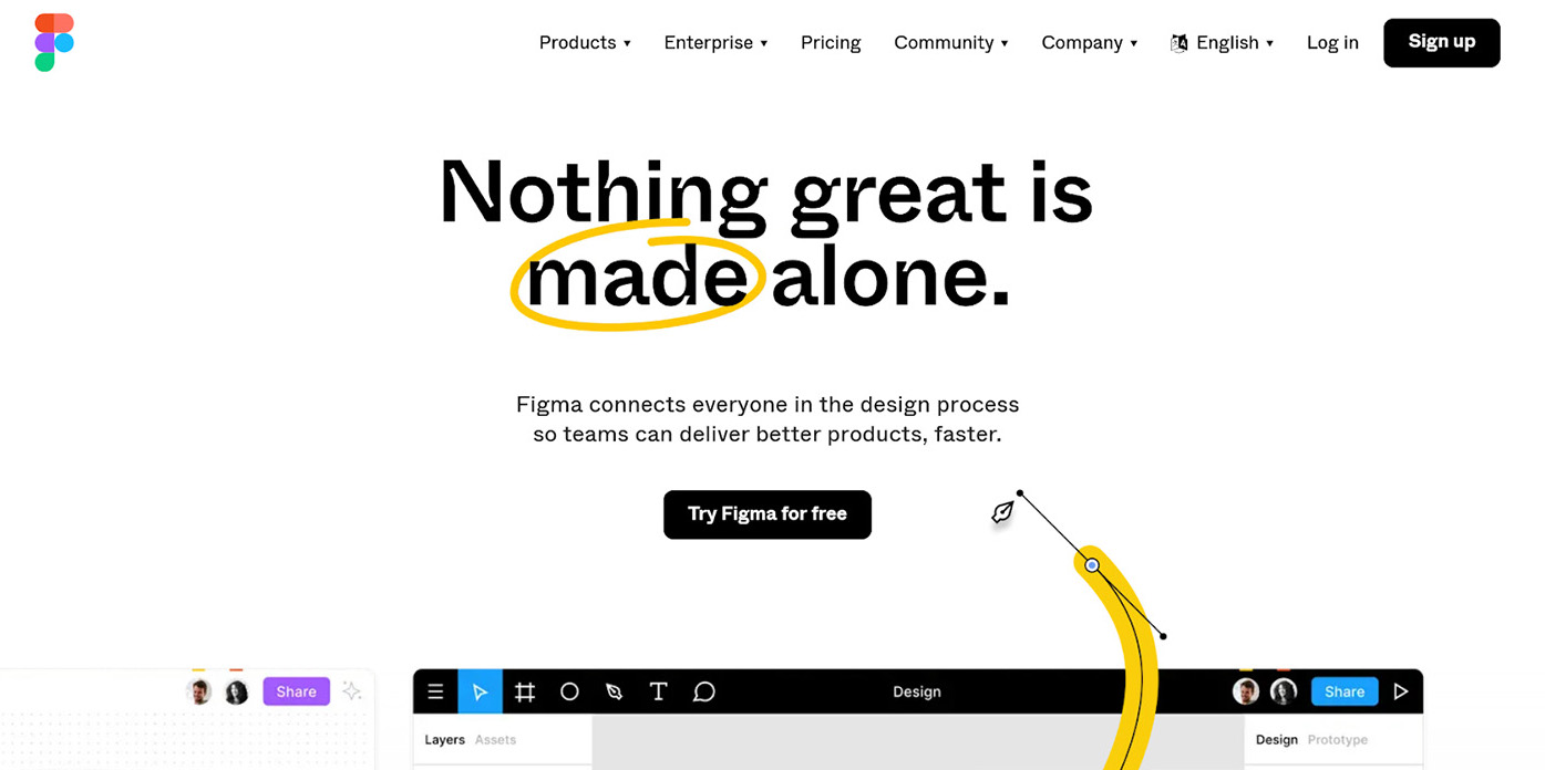 The main page of Figma’s website, with the tagline “nothing great is made alone” prominently displayed.
