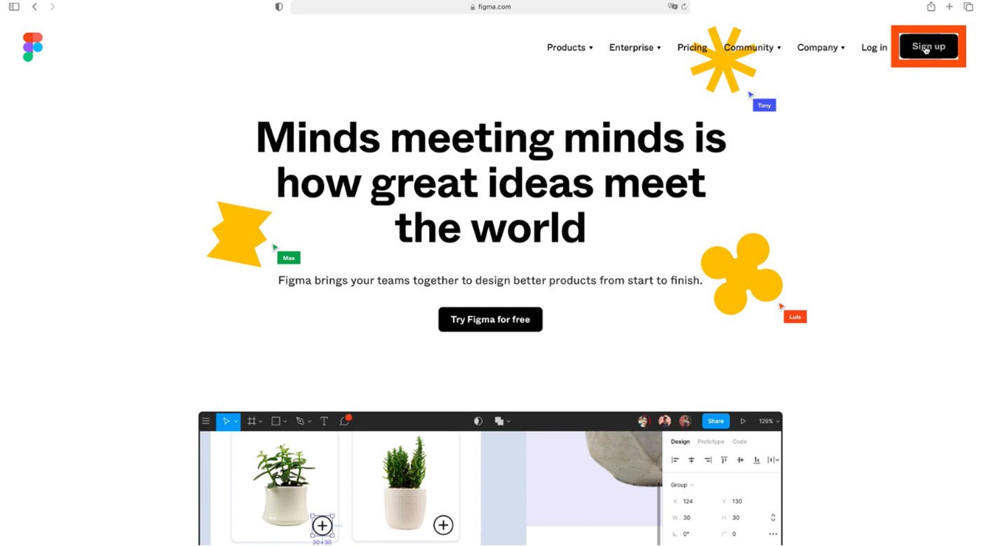 Figma’s homepage with the user’s cursor hovering over the “sign up” button.