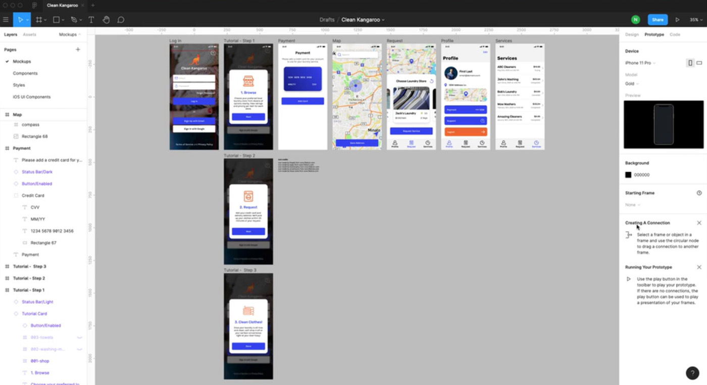 A Figma prototype consisting of several examples of what an app looks like on a smartphone display, including its login screen, user profiles and notifications. 