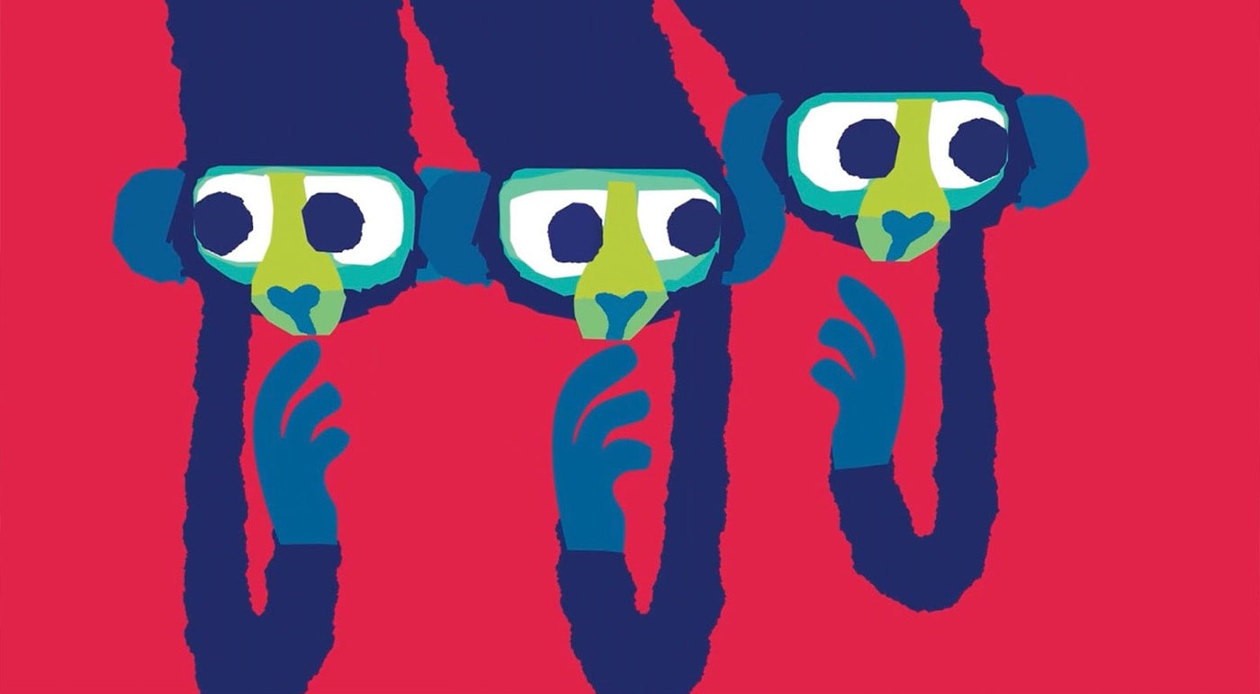 A still image from an animation of three monkeys. The monkeys, drawn in blue and green, are hanging down from somewhere offscreen against a solid red background.