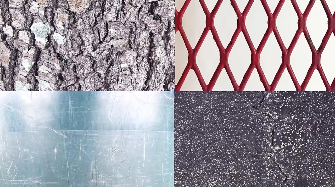 A close-up photograph of tree bark, a red fence, scratched metal, and asphalt reveal patterns in the outside world. 