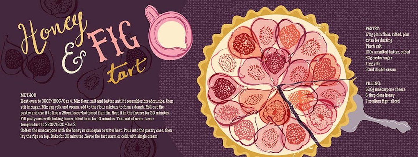 Illustrated recipe card for a honey and fig tart. The main part of the image is a fig tart in a pan, with a tan crust and halved figs in shades of pink and purple filling the crust.