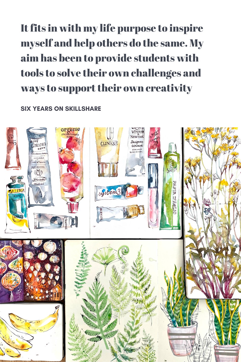 Multi-panel illustration of paint tubes, cosmetic tubes, plants, fern leaves, bananas and lanterns. The illustration is done in watercolor, in shades of green, yellow, purple and pink.