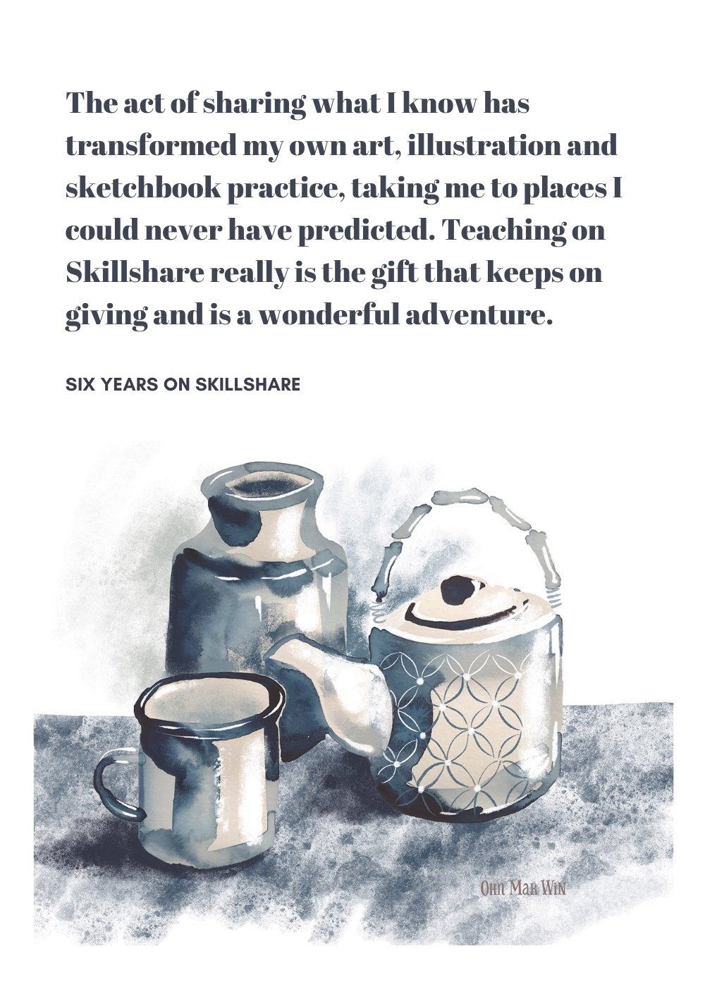Grayscale watercolor illustration of a tea pot, mug and a vase.