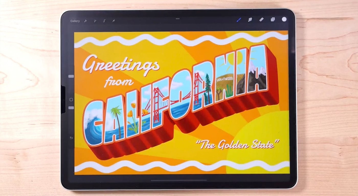An iPad sitting on a light wooden table. On the screen is an image of a vintage-style postcard that reads “Greetings from California, ‘The Golden State.’”