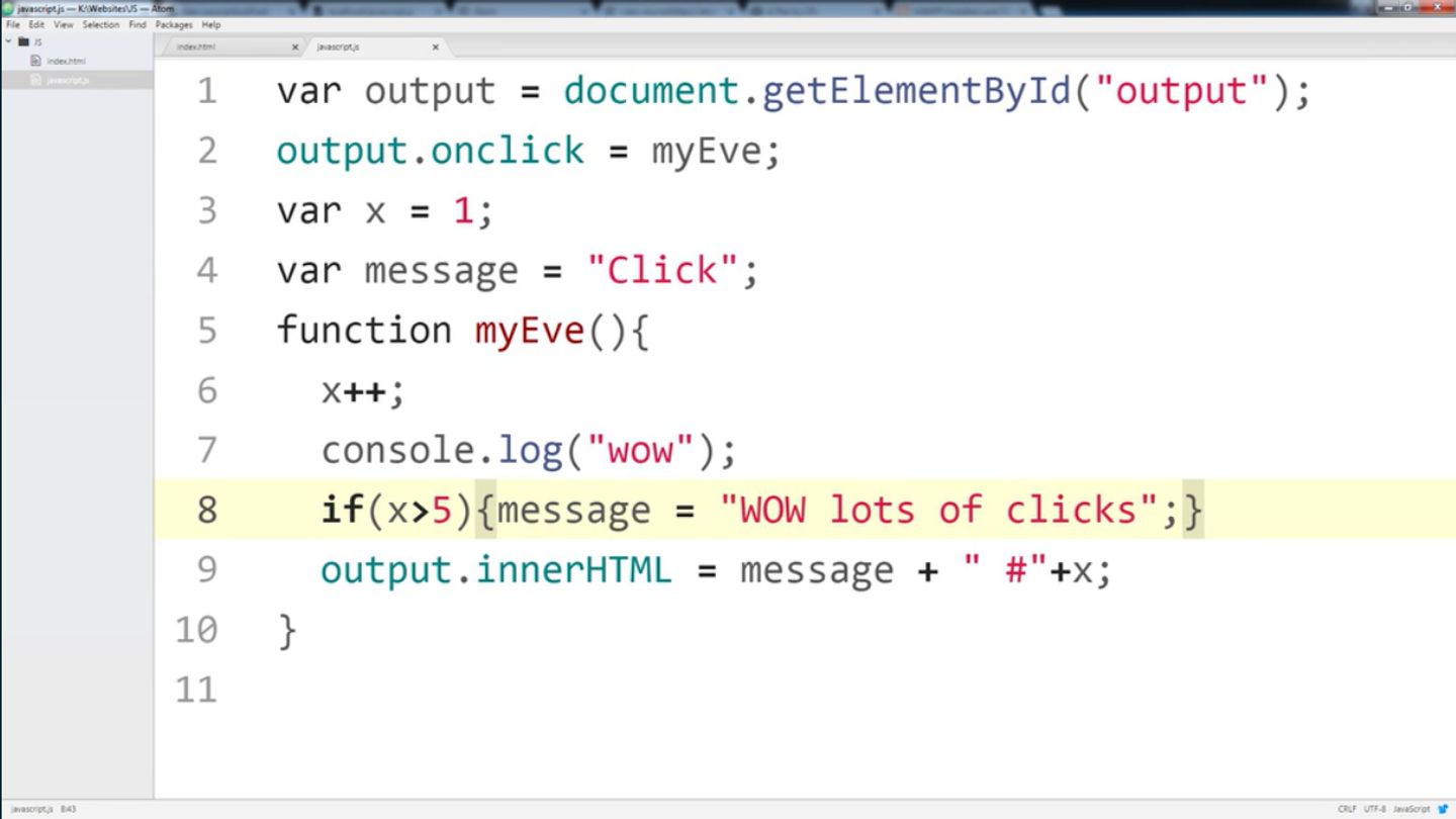 JavaScript code specifying that if a user clicks more than five times, the message that’s displayed should read “WOW lots of clicks.”
