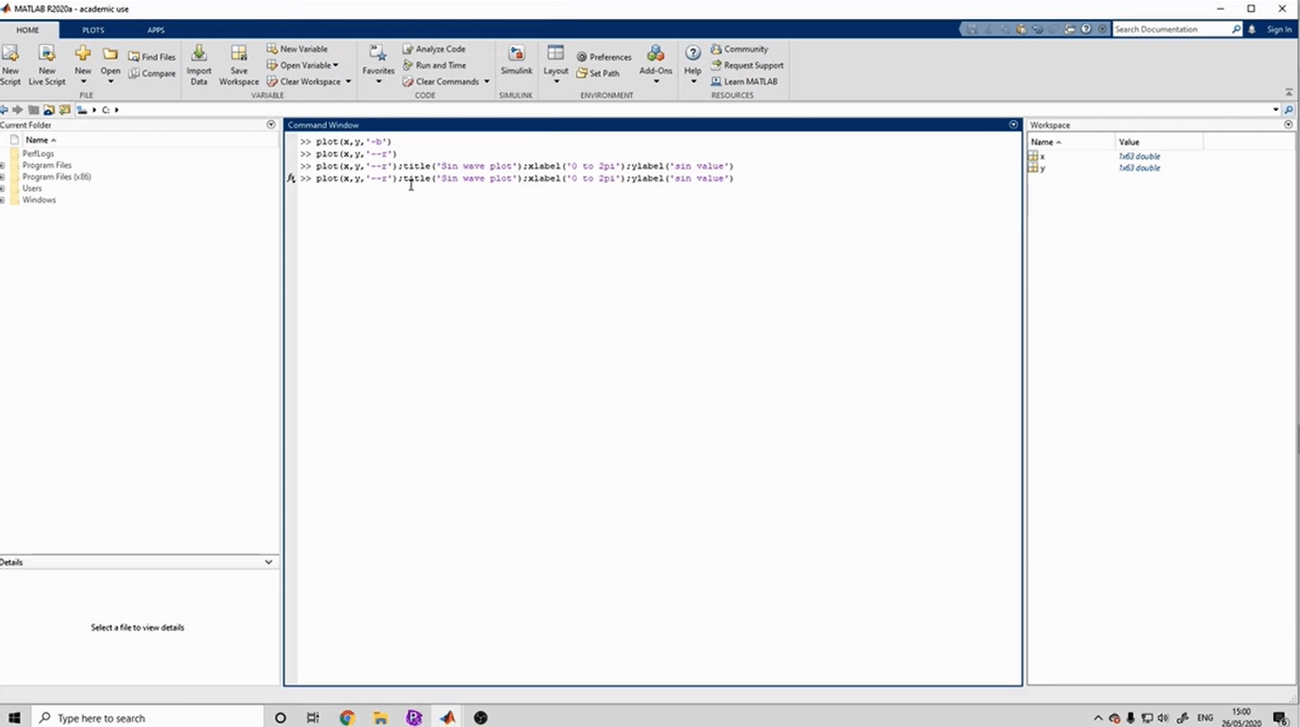 Coordinates for plot points entered within the command window of MATLAB.