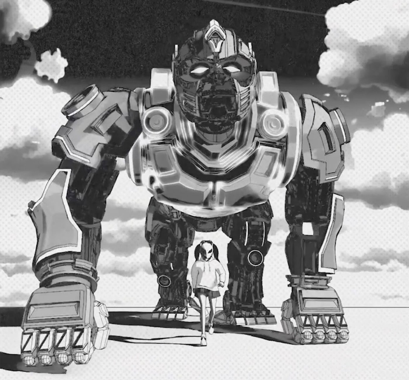 A still image from an animation of a large robot walking on four legs, not unlike a bear. Underneath him, a small girl in a mask is walking purposefully towards the viewer.  