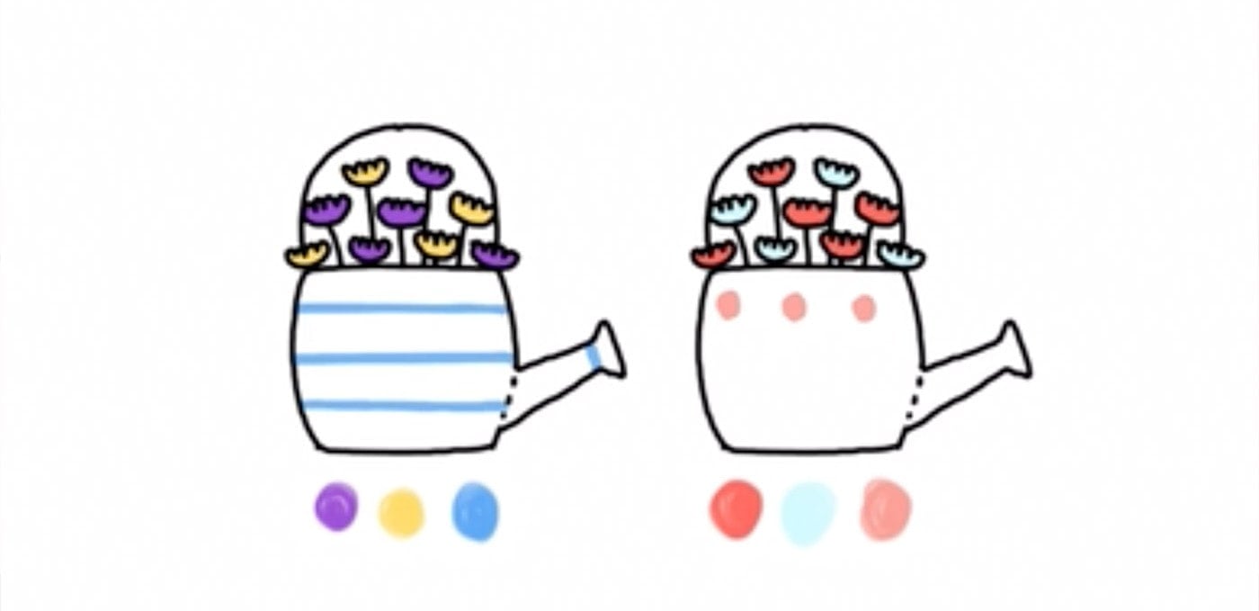 Doodle of two water cans with flowers sprouting out of them.