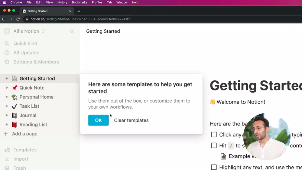 A screenshot of the "getting started" page of Notion. Skillshare teacher Ali Abdaal can be seen in a round bubble in the bottom right of the photo.