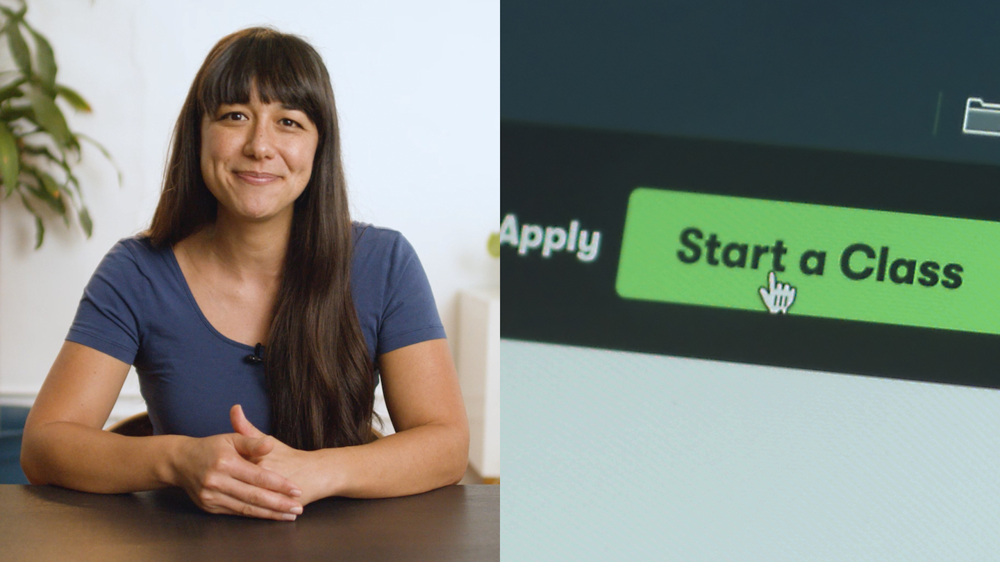 Split screen image with Tiffany Chow on the left, in a blue T-shirt with long, dark hair and bangs, sitting behind a desk. On the right side is a screenshot from the Skillshare website with a cursor hovering over the "Start a Class" button.