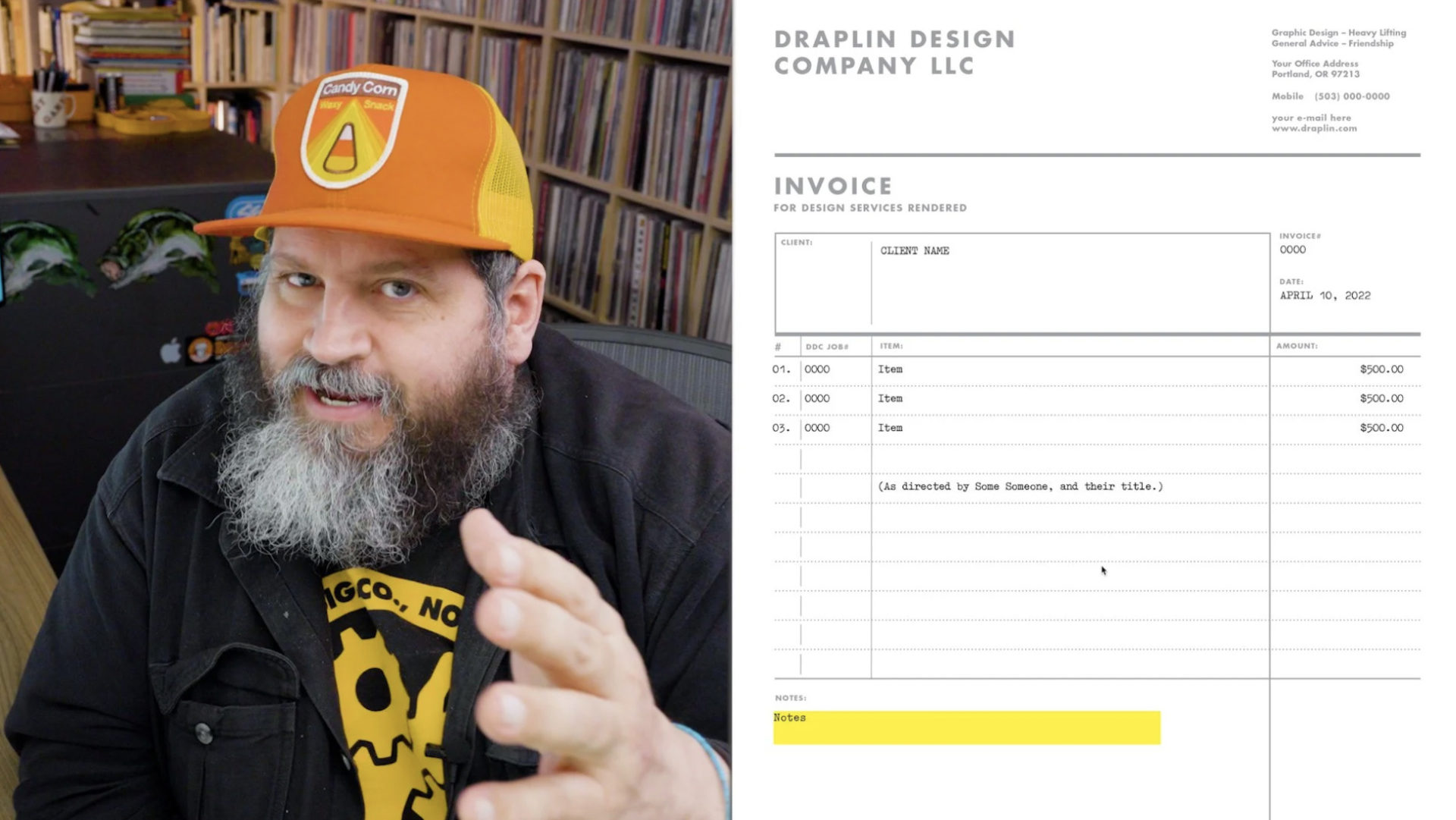 A split screen feating Designer Aaron Draplin on the left. He is wearing a black shirt and an orange hat, sits at his desk. On the righ side of the screen is an example of a client invoice from Draplin Design Company.