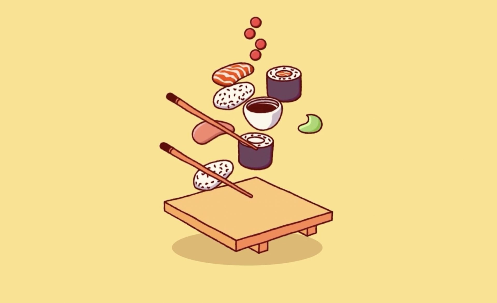 A frozen frame of an animation against a yellow background. Various parts of a sushi dinner – chopsticks, maki rolls, nigiri, and a little bowl of soy sauce – float over a wooden sushi tray.