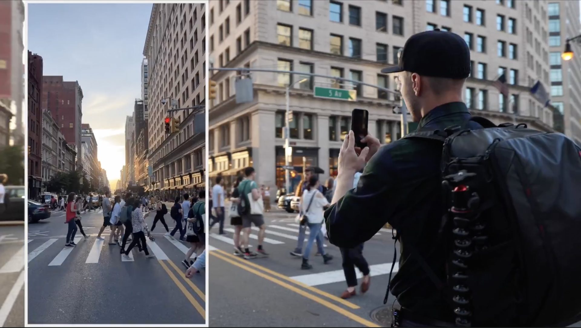On the right side of the frame, instructor Max holds up his smartphone, obviously filming the New York City Street he’s standing on. On the right side of the frame, an inset shows the view of the street he has from his camera.