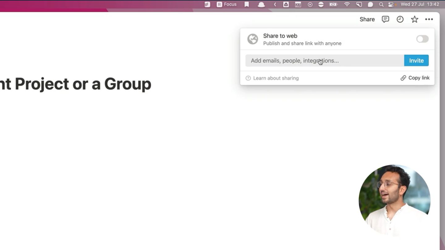 A page on Notion’s desktop app, with the sharing options displayed in a small window in the upper right corner of the page.