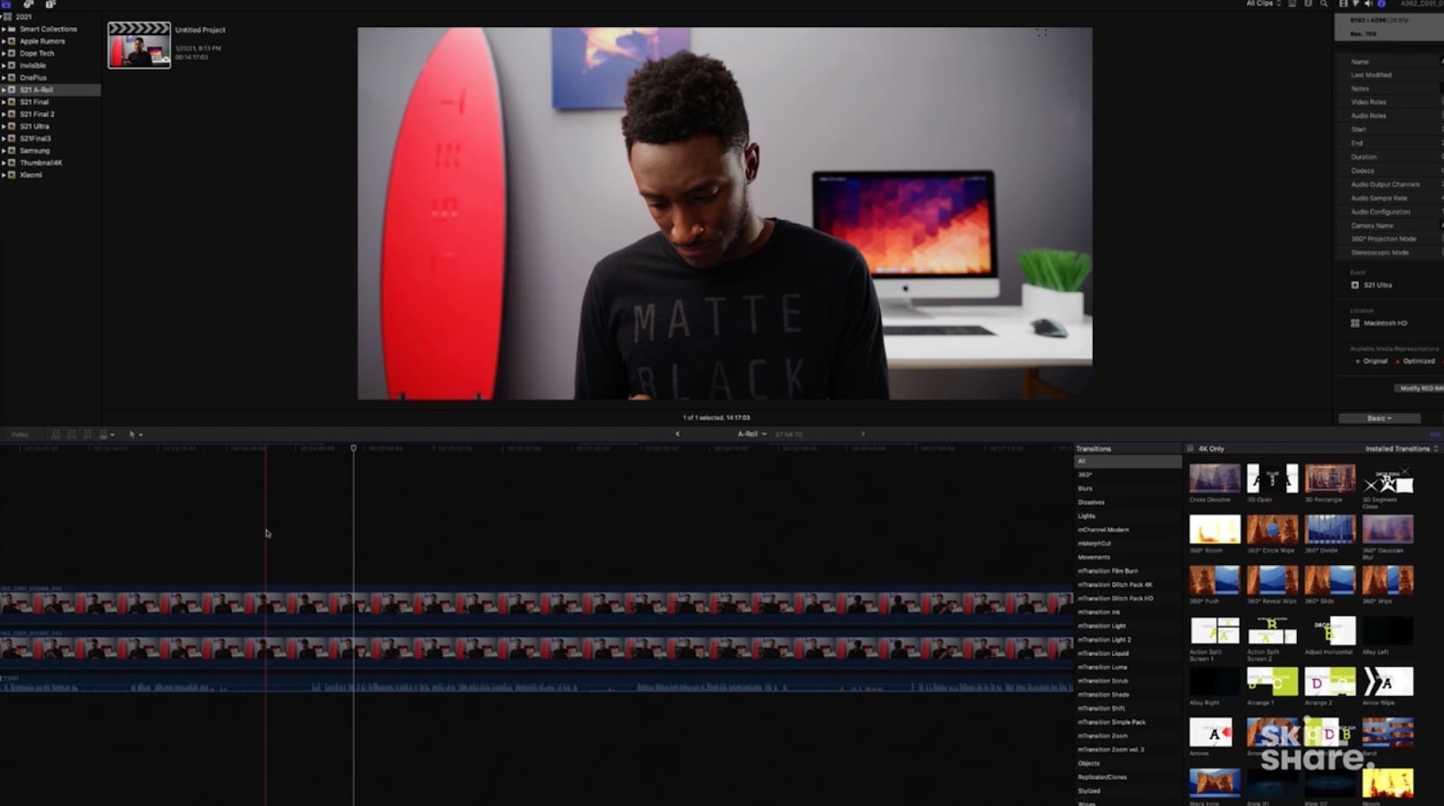 A screenshot of Brownlee editing a video of himself in Final Cut Pro reveals all that goes into editing a video including features like an in depth timeline and visible video library.