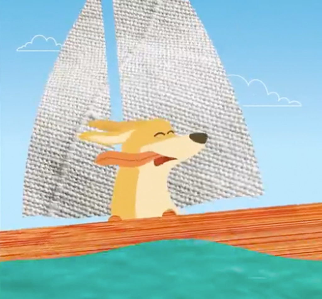 Illustrations and animations like this yellow dog in a sailboat are vectorized to retain their quality when published.