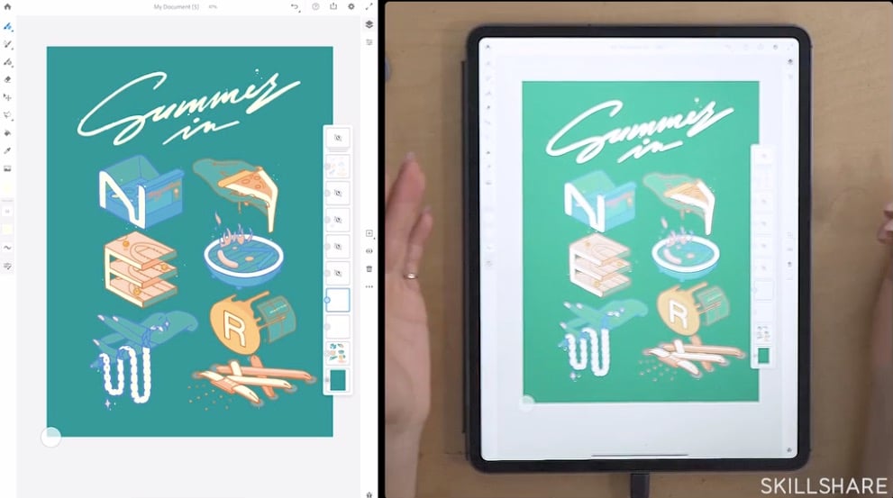 Graphics and handlettering typography are created as a vector image using Adobe Fresco on an iPad.